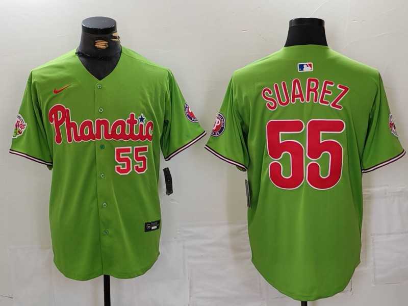 Men%27s Philadelphia Phillies #55 Ranger Suarez Number Green With Patch Stitched Cool Base Nike Jersey